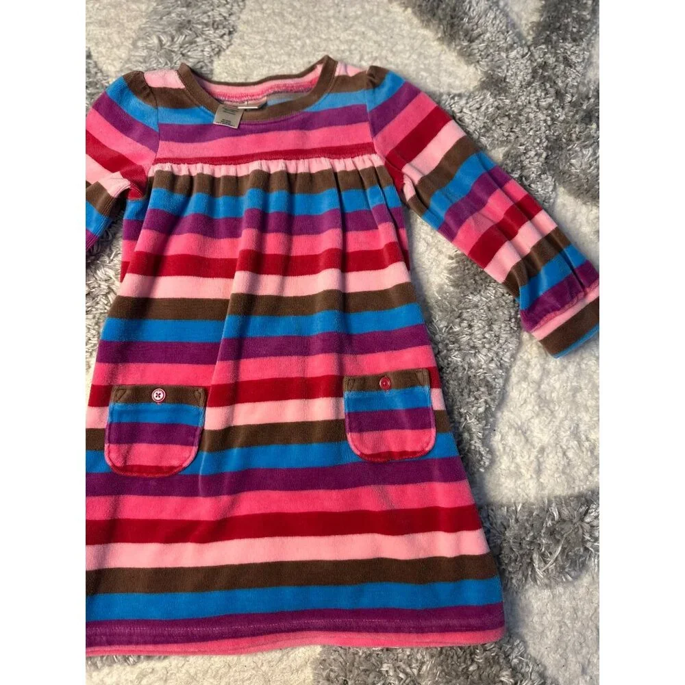 OshKosh‎ B'gosh Velour Dress Pink Striped Pockets Long Sleeve Cozy 24M Girls
